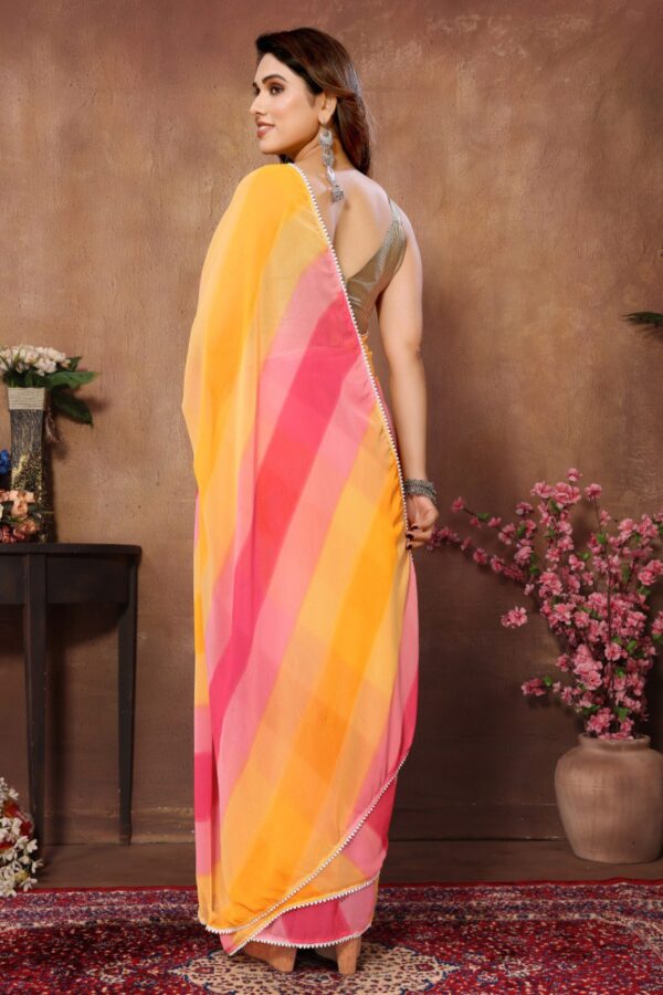 Pink And Yellow Shaded Stripes Georgette Ready To Wear Saree With Unstitched Blouse - Image 3