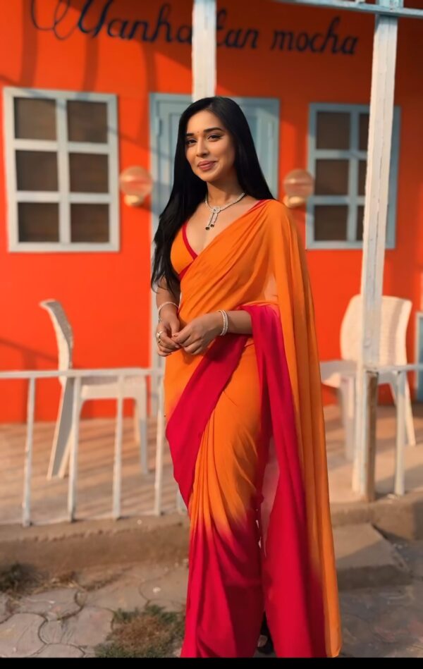Orange And Red Color Combination With A Plain Yet Elegant Design  Georgette Ready To Wear Saree With Unstitched Blouse - Image 8