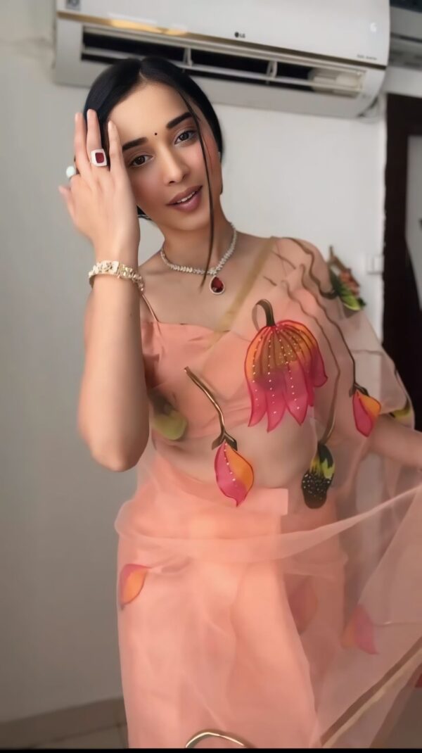 Peach Shade Hand-painted Floral Prints Organza Ready To Wear Saree With Unstitched Blouse - Image 6
