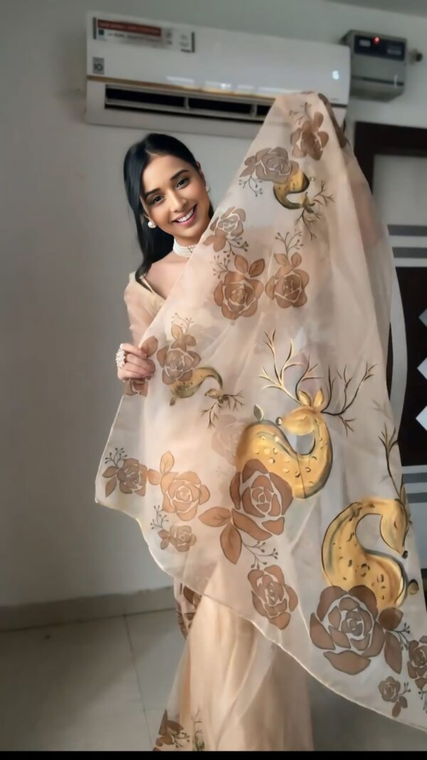 Pastel Beige Shade With Brown And Mustard Floral Prints Organza Ready To Wear Saree With Unstitched Blouse - Image 6