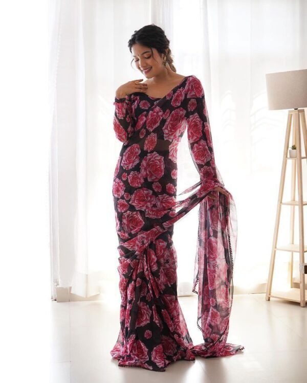 Black Base Color With Bold Pink Rose Floral Prints Georgette Ready To Wear Saree With Unstitched Blouse - Image 6