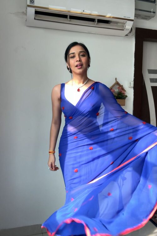 Royal Blue Shade With Small Red Embroidered Hearts Ready To Wear Saree With Unstitched Blouse