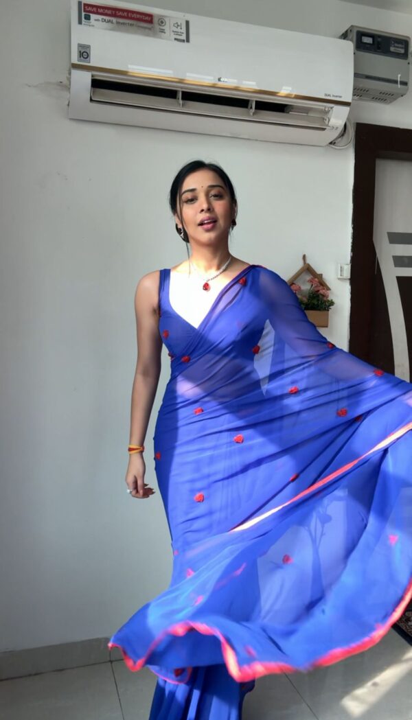 Royal Blue Shade With Small Red Embroidered Hearts Ready To Wear Saree With Unstitched Blouse