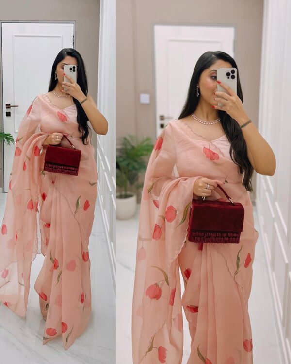 Peach Organza Saree With Red Floral Prints Ready To Wear Saree With Unstitched Blouse - Image 4