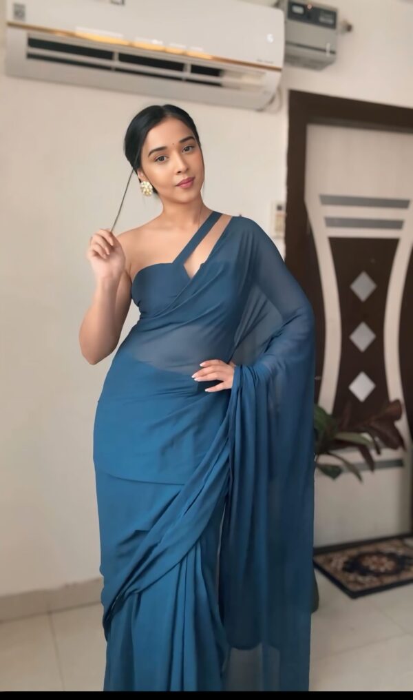 Teal,Rama Color, Plain Elegant  Georgette Ready To Wear Saree With Unstitched Blouse - Image 6