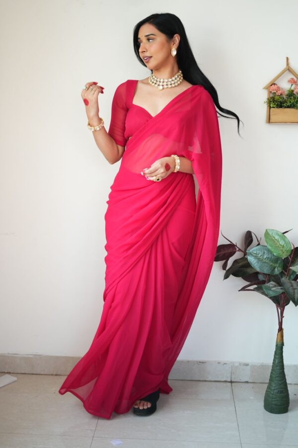 Red And Pink ,Omber Print Georgette Ready To Wear Saree With Unstitched Blouse - Image 7