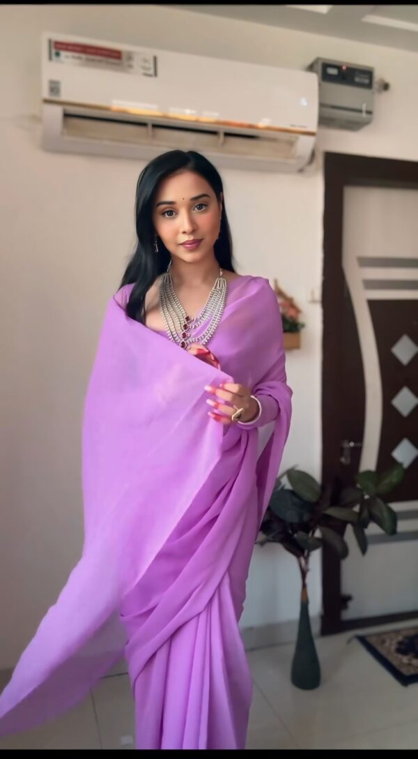 Lavender Color,Plain Elegant Georgette Ready To Wear Saree With Unstitched Blouse - Image 6