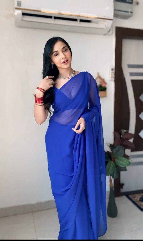 Royal Blue Color,Plain Elegant Georgette Ready To Wear Saree With Unstitched Blouse - Image 7