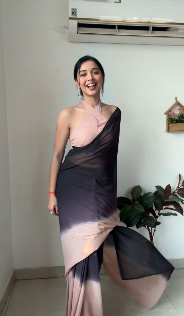 Peach And Black Omber paint Georgette Ready To Wear Saree With Unstitched Blouse - Image 4