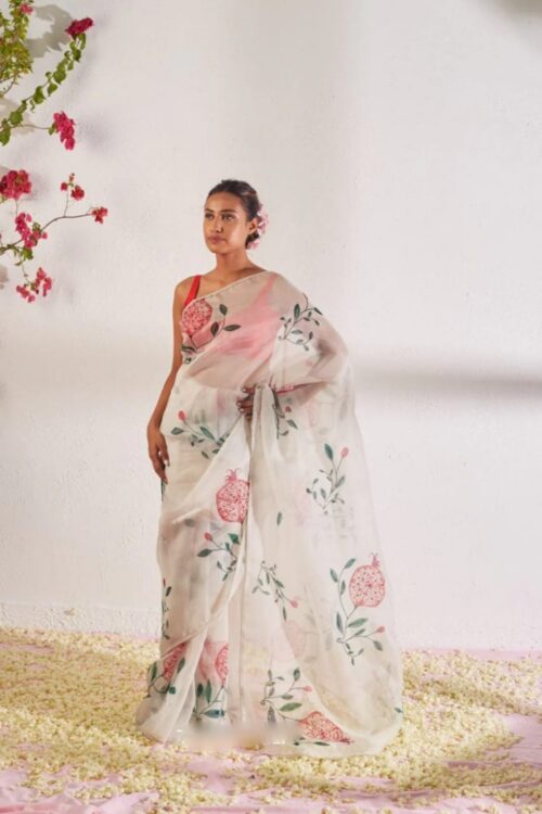 Cream Color Organza Saree Botanical Print Design Ready To Wear Saree With Stitched Blouse
