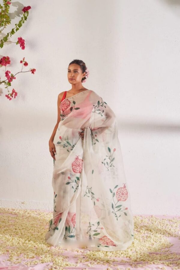 Cream Color Organza Saree Botanical Print Design Ready To Wear Saree With Stitched Blouse