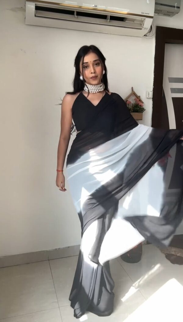 Black And White Omber paint Georgette Ready To Wear Saree With Unstitched Blouse - Image 8