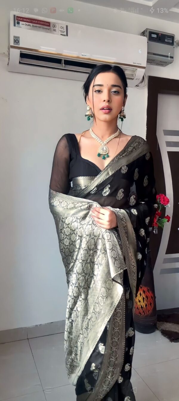 black cotton banarasi silver zari motifs saree Ready To Wear Saree With Unstitched Blouse - Image 7