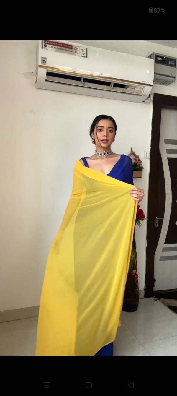 Royal Blue And Yellow Omber Pattern Georgette Ready To Wear Saree With Unstitched Blouse - Image 6