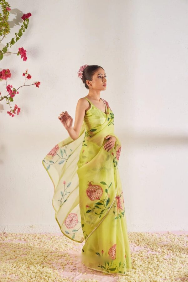 Lime Green Color Organza Saree Botanical Print Design Ready To Wear Saree With Stitched Blouse - Image 4