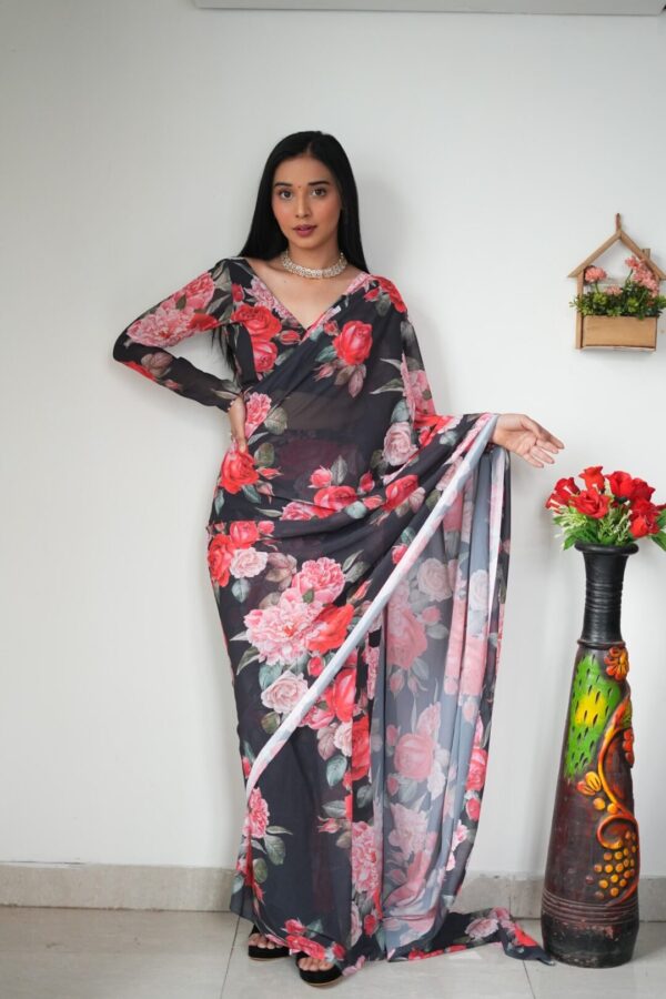 Black Base, Adorned With Bold Red And Pink Floral Prints Georgette Ready To Wear Saree With Unstitched Blouse - Image 6