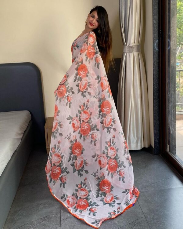 Light White Peach And Grey Rose Floral Prints Georgette Ready To Wear Saree With Unstitched Blouse - Image 7