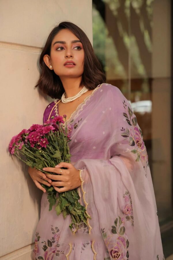 Lavender Color Organza Saree Botanical Print Scalloped Golden Border Design Ready To Wear Saree With Stitched Blouse - Image 4