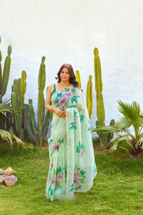 Mint Green Color Organza Saree Botanical Print Scalloped Golden Border Design Ready To Wear Saree With Stitched Blouse