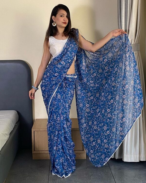 Navy Blue And Multi-color Floral Prints Georgette Ready To Wear Saree With Unstitched Blouse - Image 6
