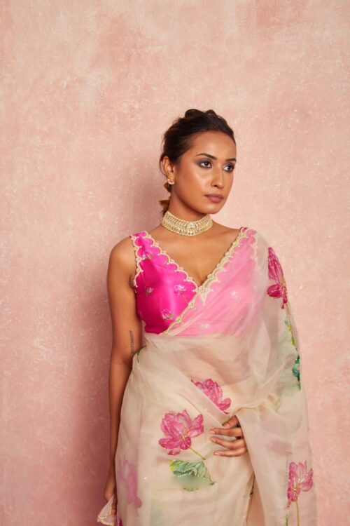 Pista Color Organza Saree Botanical Print Scalloped Golden Border Design Ready To Wear Saree With Stitched Blouse