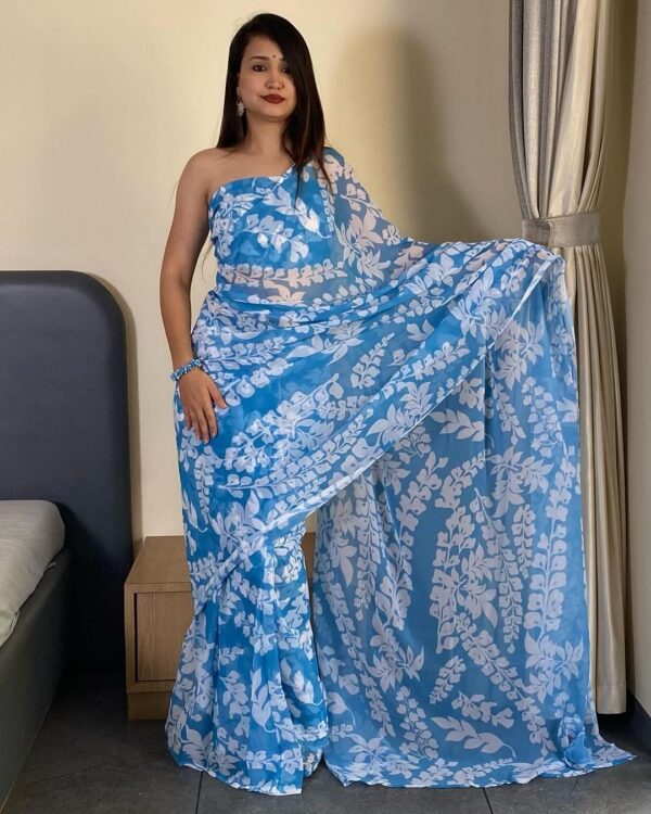 Light Blue And Light Blue Georgette Ready To Wear Saree With Unstitched Blouse - Image 6