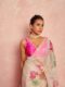 Pista-Beige Color Organza Saree Botanical Print Scalloped Golden Border Design Ready To Wear Saree With Stitched Blouse