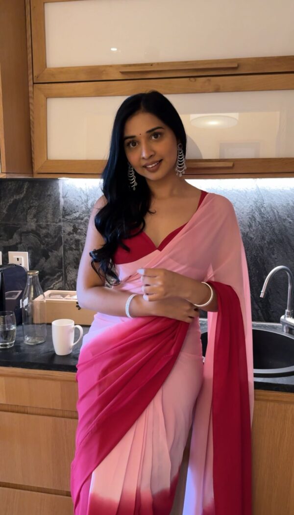 Baby Pink And Red Omber Print Georgette Ready To Wear Saree With Unstitched Blouse - Image 6