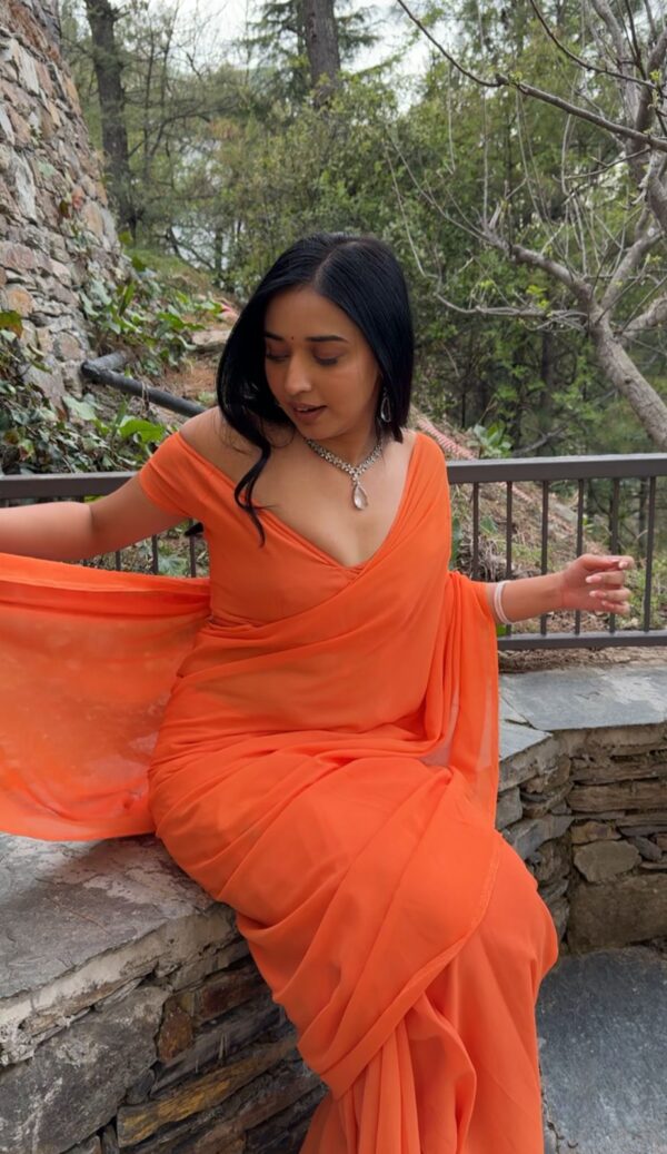 Orange Color, Plain Elegant  Georgette Ready To Wear Saree With Unstitched Blouse - Image 6