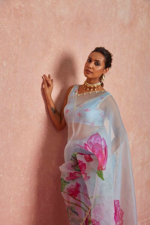 Sky Blue Color Organza Vibrant Multi-colored Lotus Prints Ready To Wear Saree With Stitched Blouse