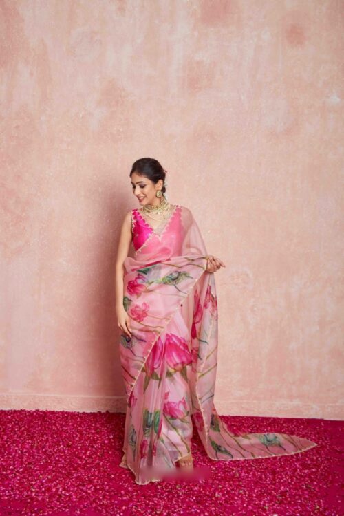 Blush Pink Color Organza Vibrant Lotus Floral Prints Ready To Wear Saree With Stitched Blouse