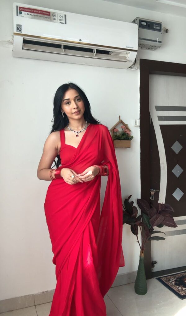Red Color,Plain Elegant Georgette Ready To Wear Saree With Unstitched Blouse - Image 7