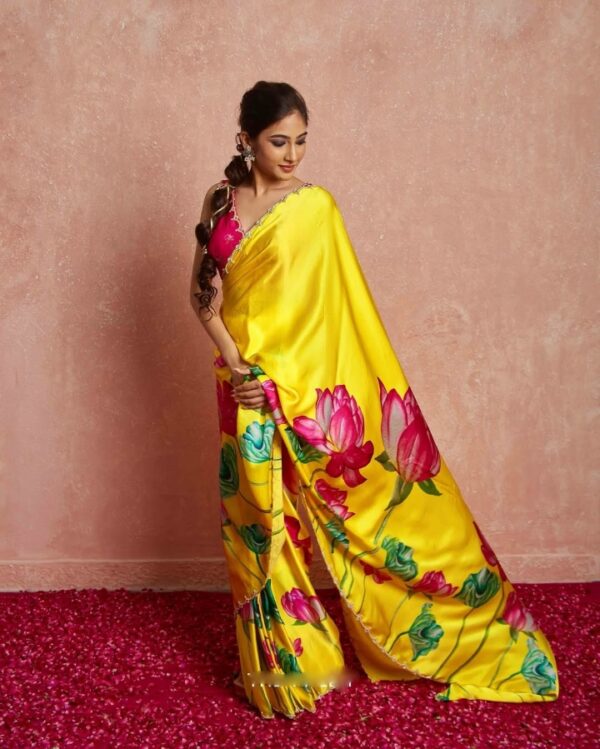 Yellow Color Satin Vibrant Lotus Floral Prints Ready To Wear Saree With Stitched Blouse - Image 4