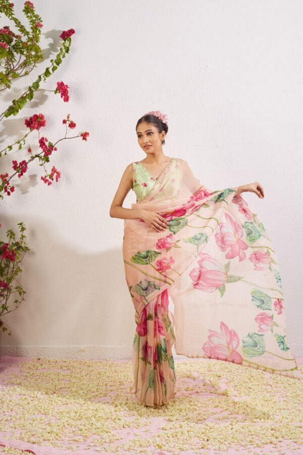 Peach Color Organza Vibrant Lotus Floral Prints Ready To Wear Saree With Stitched Blouse - Image 4