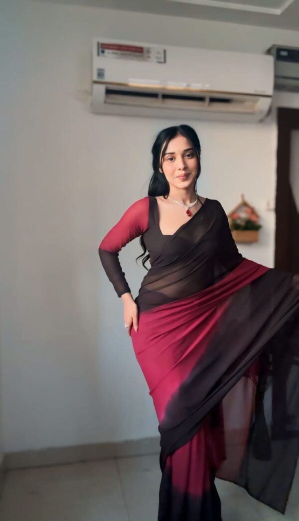 Maroon And Black Color Ombre Saree,Flowy Drape Georgette Ready To Wear Saree With Unstitched Blouse - Image 6