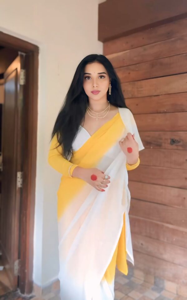 Yellow And White Ready To Wear Saree With Designer Unstitched Blouse - Image 7