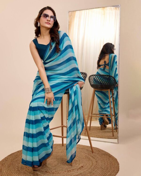 Blue In Light And Dark Stripes Georgette Ready To Wear Saree With Unstitched Blouse - Image 4