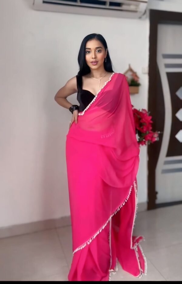 Hot Pink Color Border Solid Design Georgette Ready To Wear Saree With Unstitched Blouse - Image 7