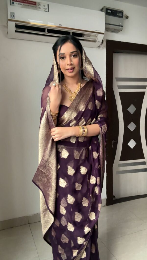Deep Wine Color Golden Zari Woven Motifs Traditional Cotton Banarasi Ready To Wear Saree With Unstitched Blouse - Image 7