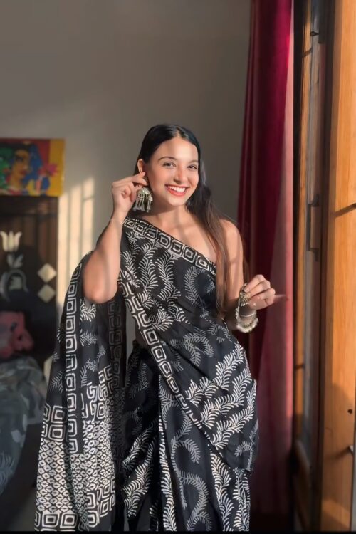 Black Color Soft Linen Handblock-inspired Geometric And Leaf Motifs Ready To Wear Saree With Unstitched Blouse