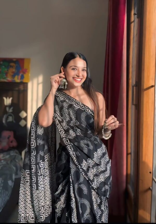 Black Color Soft Linen Handblock-inspired Geometric And Leaf Motifs Ready To Wear Saree With Unstitched Blouse
