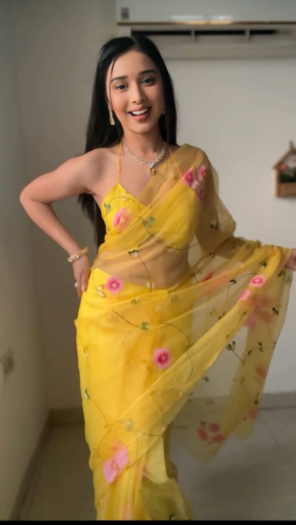Yellow Color Floral Pink Floral Design Organza Ready To Wear Saree With Unstitched Blouse - Image 6