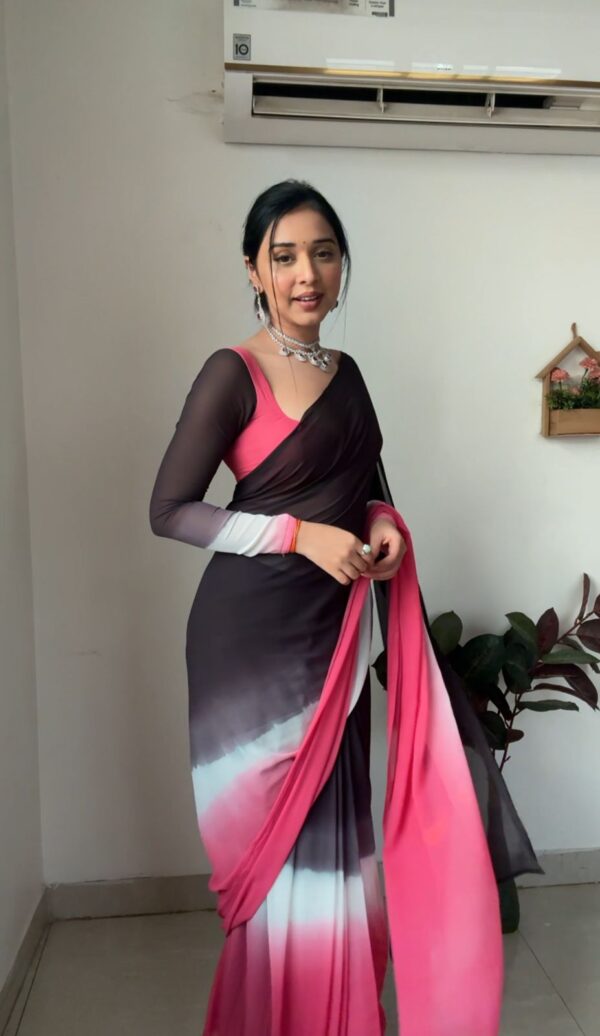 Black, Grey, White, And Pink Color Ombre Saree Georgette Ready To Wear Saree With Unstitched Blouse - Image 6