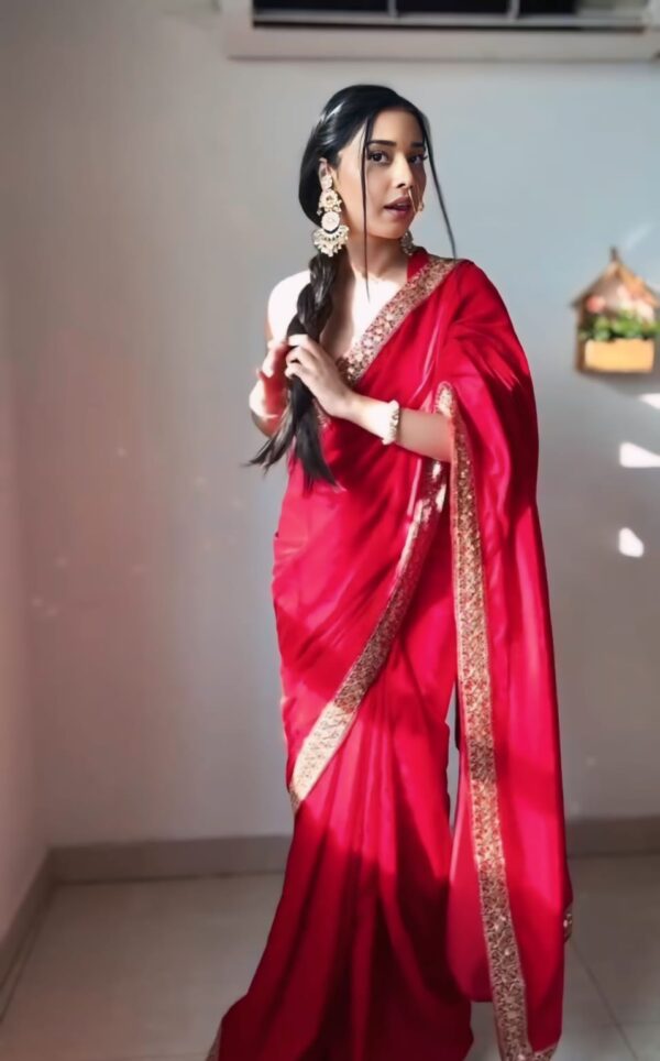 Red Color Golden Sequin Border Velvet Ready To Wear Saree With Unstitched Blouse - Image 6
