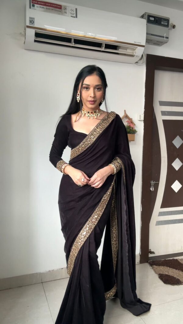 Black Color Golden Sequin Border Velvet Ready To Wear Saree With Unstitched Blouse (Copy) - Image 5
