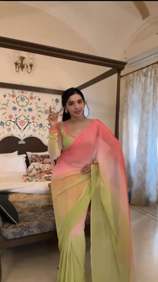 Pastel Yellow And Pink Shades Georgette Soft Ombré Blend Ready To Wear Saree With Unstitched Blouse - Image 3