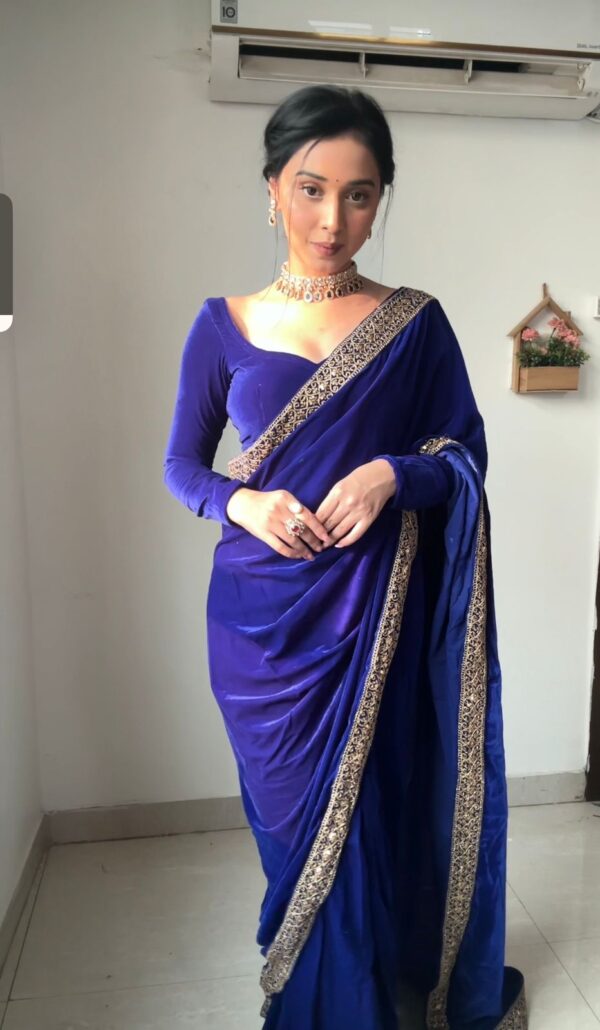Blue Color Golden Sequin Border Velvet Ready To Wear Saree With Unstitched Blouse - Image 4