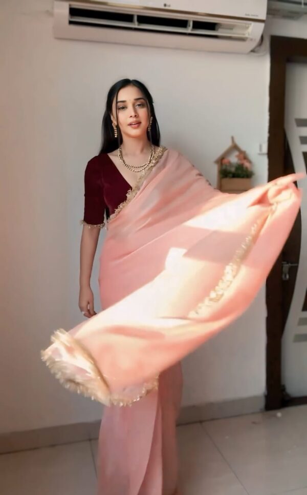 Peach Color Golden Sequin Border Velvet Ready To Wear Saree With Unstitched Blouse - Image 7
