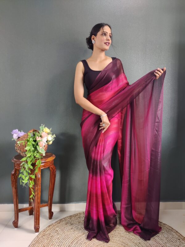 Magenta And Wine Shades Georgette Soft Ombré Pattern Ready To Wear Saree With Unstitched Blouse - Image 3