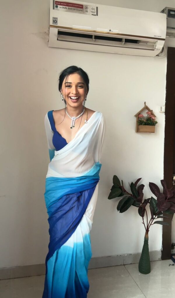 White To Blue Color Ombre Saree Georgette Ready To Wear Saree With Unstitched Blouse - Image 5